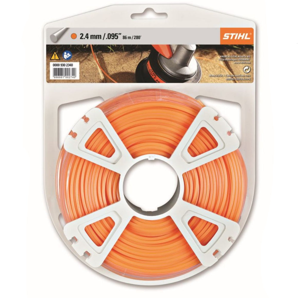 Spool of orange string trimmer line with Stihl branding on packaging