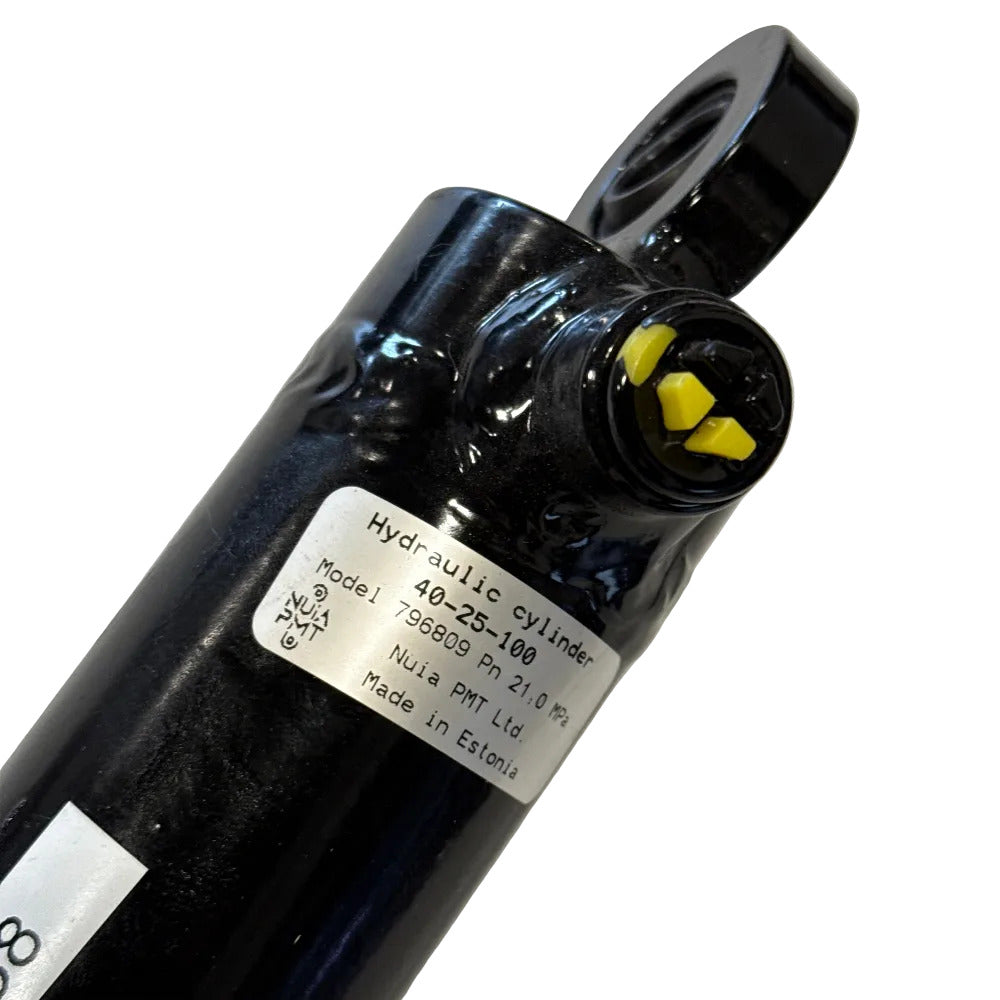 Close-up of a black hydraulic cylinder with visible branding on a white background