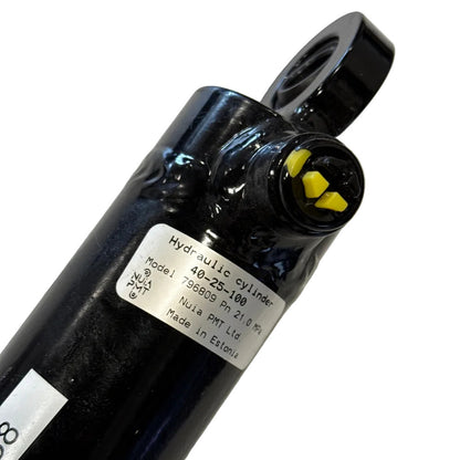 Close-up of a black hydraulic cylinder with visible branding on a white background