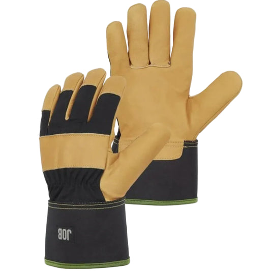 Pair of tan and black gloves on a white background