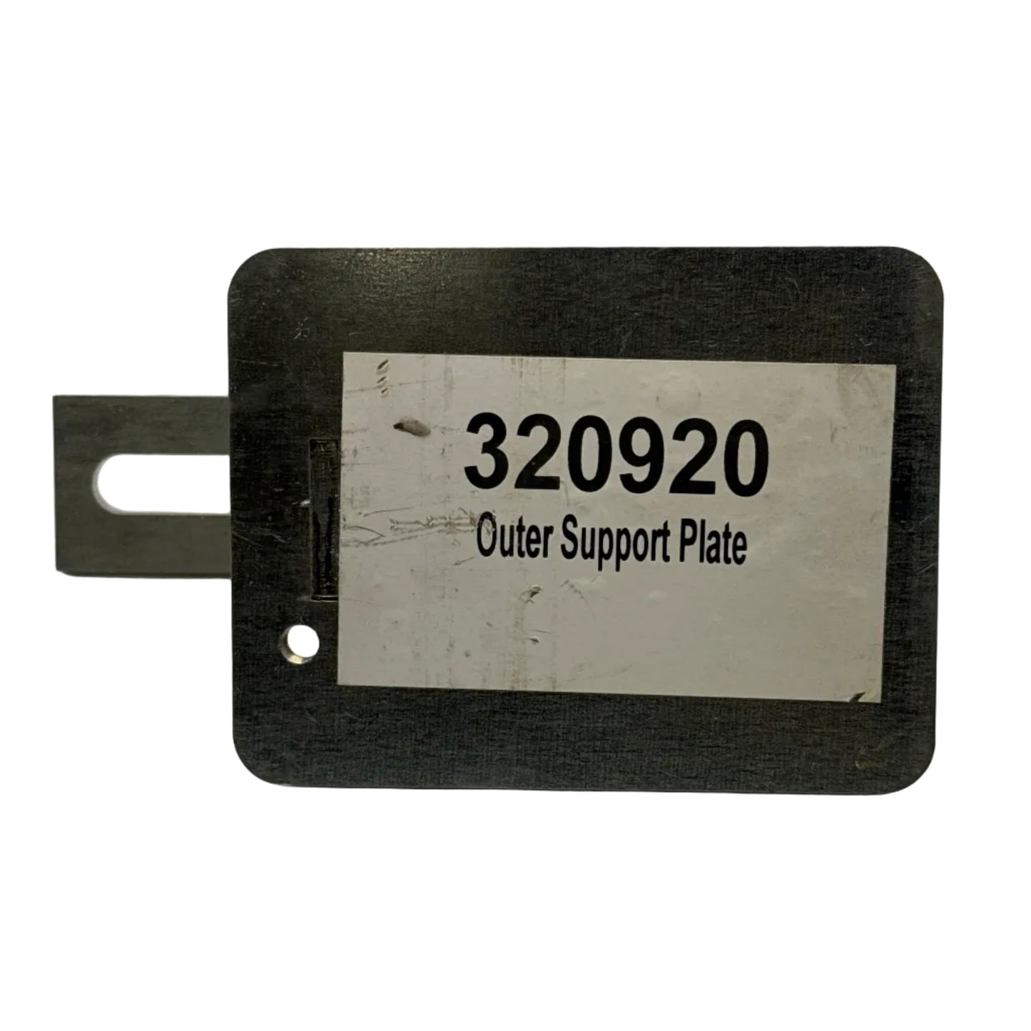 Metallic support plate with '320920' and 'Outer Support Plate' text on a white background