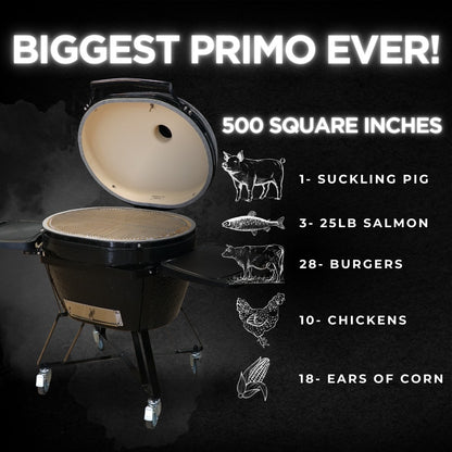 Primo Oval XXL Charcoal All-In-One (XX-Large) (Heavy-Duty Stand, Side Shelves, Ash Tool and Grate Lifter)