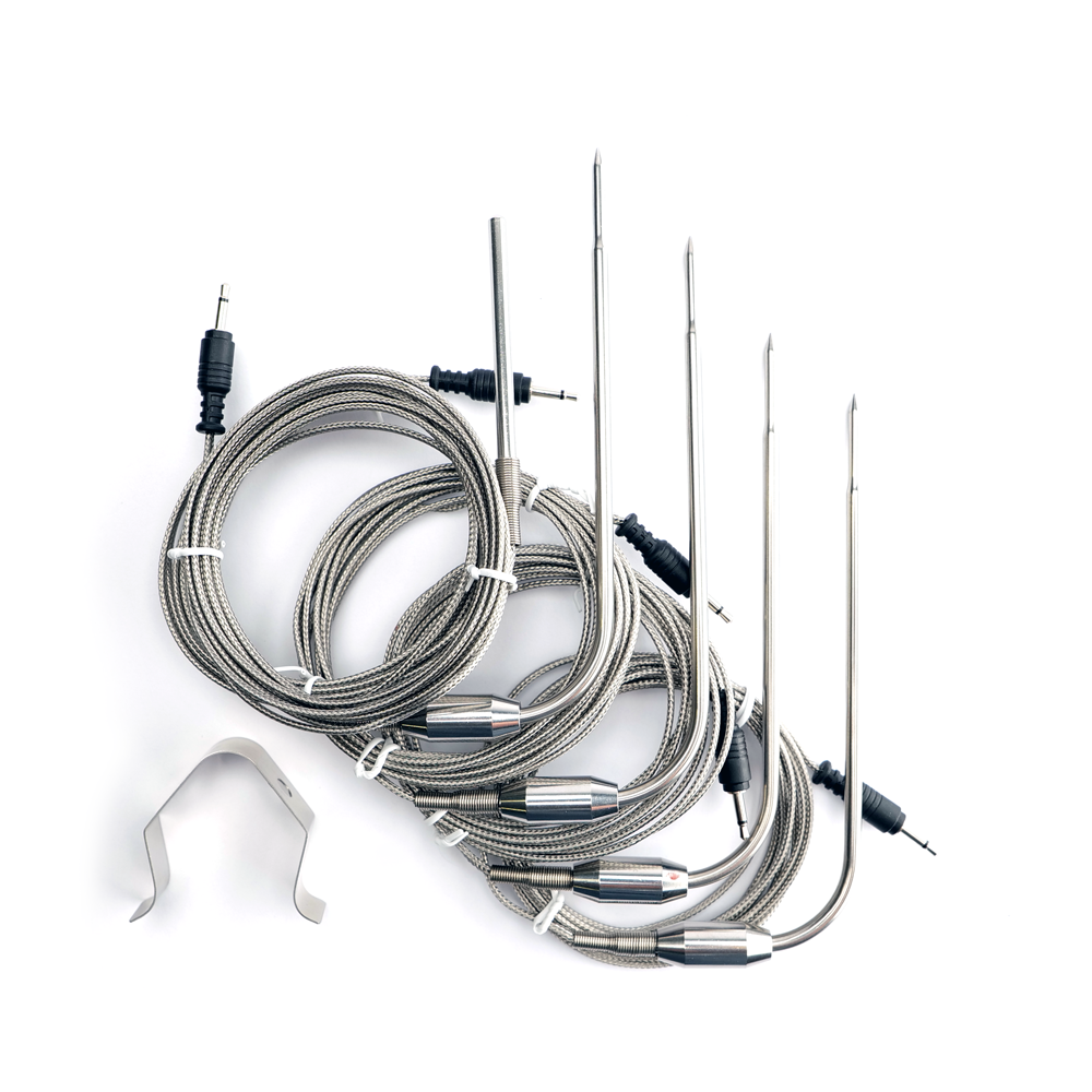 FireBoard Extreme Probe Pack with four bent food probes, one ambient probe, coiled cables and a grill clip
